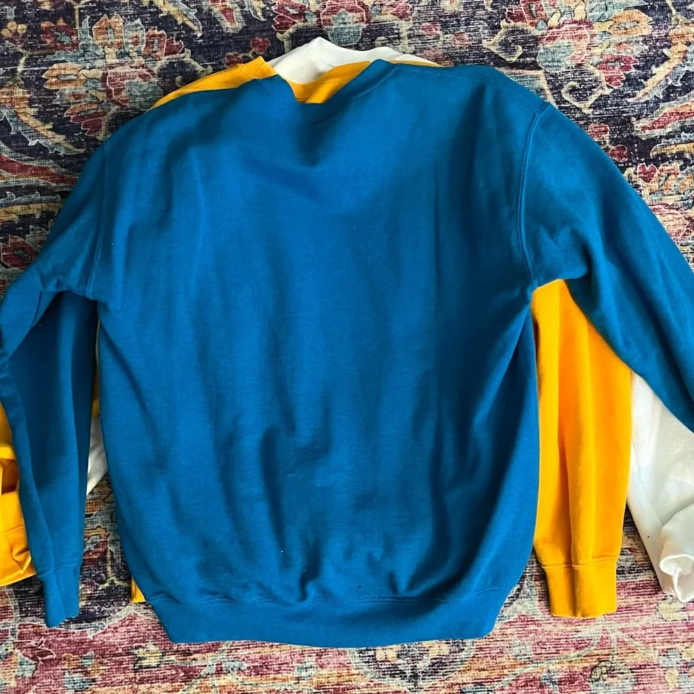 Lot of 3 Unisex Crew-neck Sweaters - White, Yellow, and Blue. Size Medium. - Picture 5 of 6